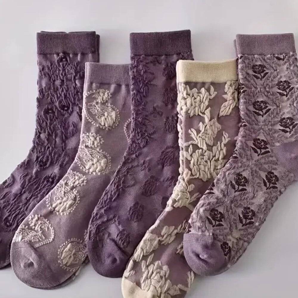 5-Pair Floral & Lace Socks | Neutral Purple Tones | Ribbed Cuffs | NWOT